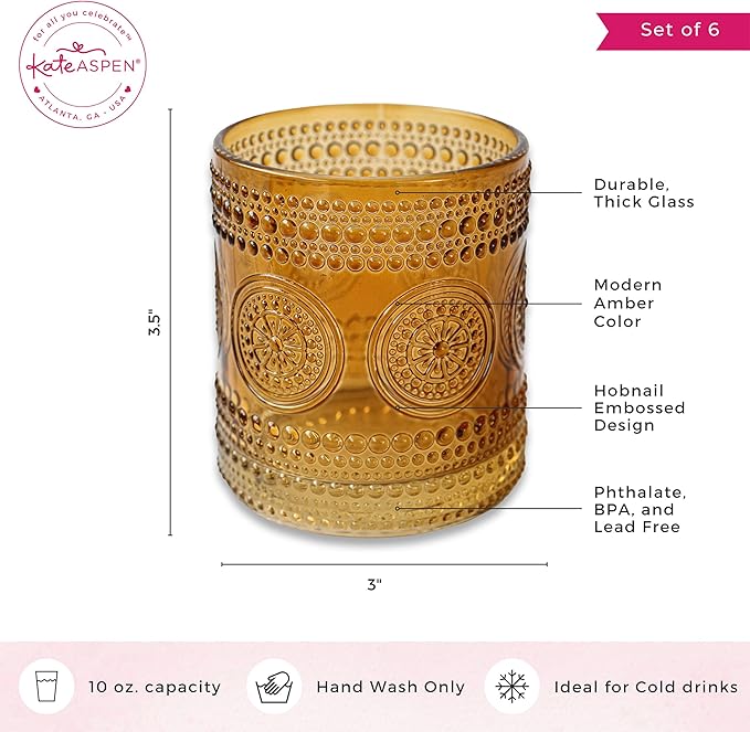 Kate Aspen Hobnail Beaded Floral Amber Drinking Glasses Set of 6, (10 oz) Vintage Glassware Set Cocktail Glass Set, Juice Glass, Water Cups | Great Hostess Gift & Gift for New Home Owners