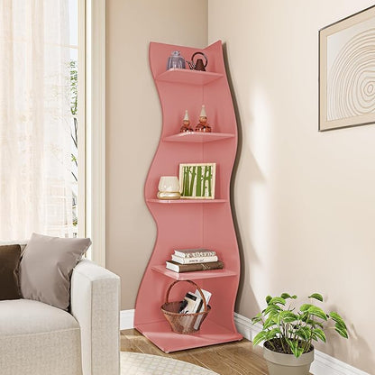 LITTLE TREE Small Corner Shelf, Modern 5-Tier Wall Corner Bookshelf, Stylish Bookcase Storage Rack for Small Space, Living Room, Bedroom, Pink, 1 Pack