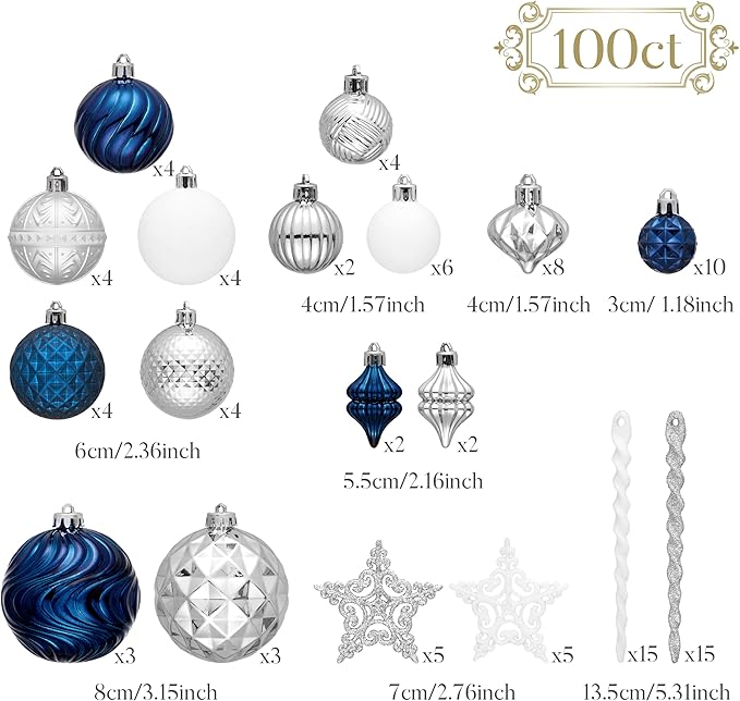 Valery Madelyn 100ct Christmas Tree Decorations Ball Ornament Set, Navy Blue Silver Shatterproof Hanging Ornaments Bulk for Xmas Holiday Party Decor