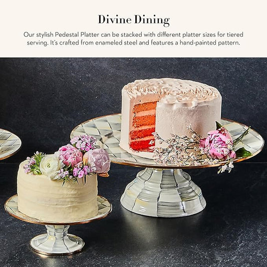 MACKENZIE-CHILDS Enamel Pedestal Platter, Round Cake Stand, Large, Gray-and-White Sterling Check