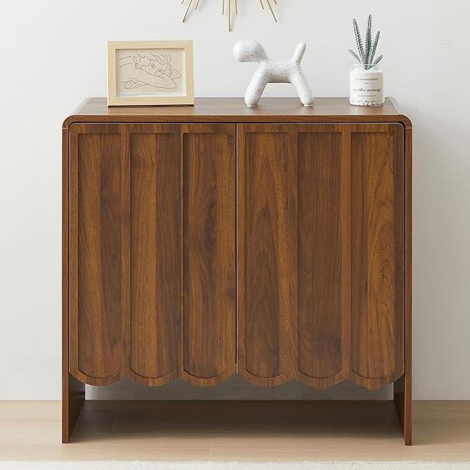 ORRD Sideboard Buffet Cabinet Set of 2, Accent Storage Cabinets with 2 Doors, Farmhouse Wood Cabinet with Adjustable Shelves and Wave Panel for Living Room, Dining Room, Entry - Walnut