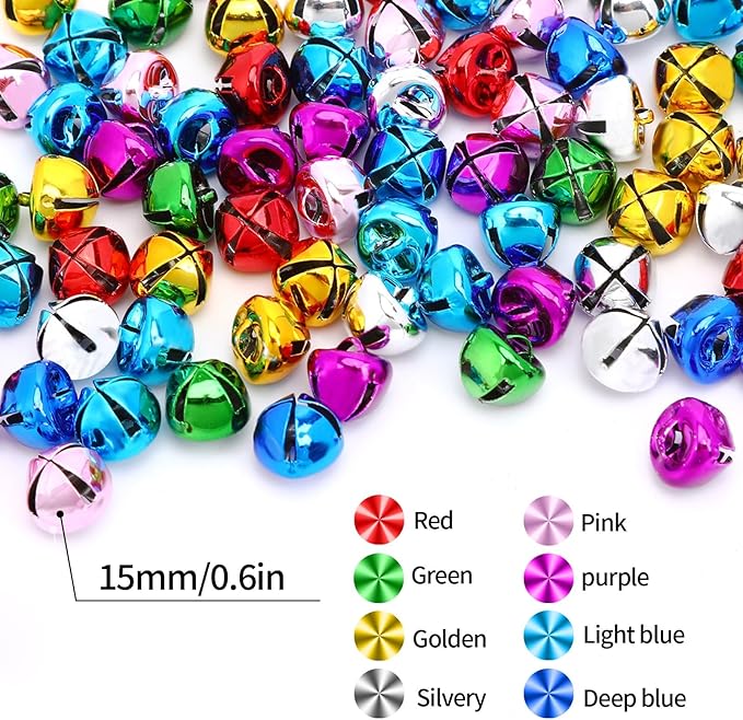Augshy 240 Pcs Multicolour Jingle Bells, 3/5 Inch Craft Bell Bulk for Christmas Ornament Tree Home and Pet Decorations Xmas Crafts Decor Party Favors Supplies