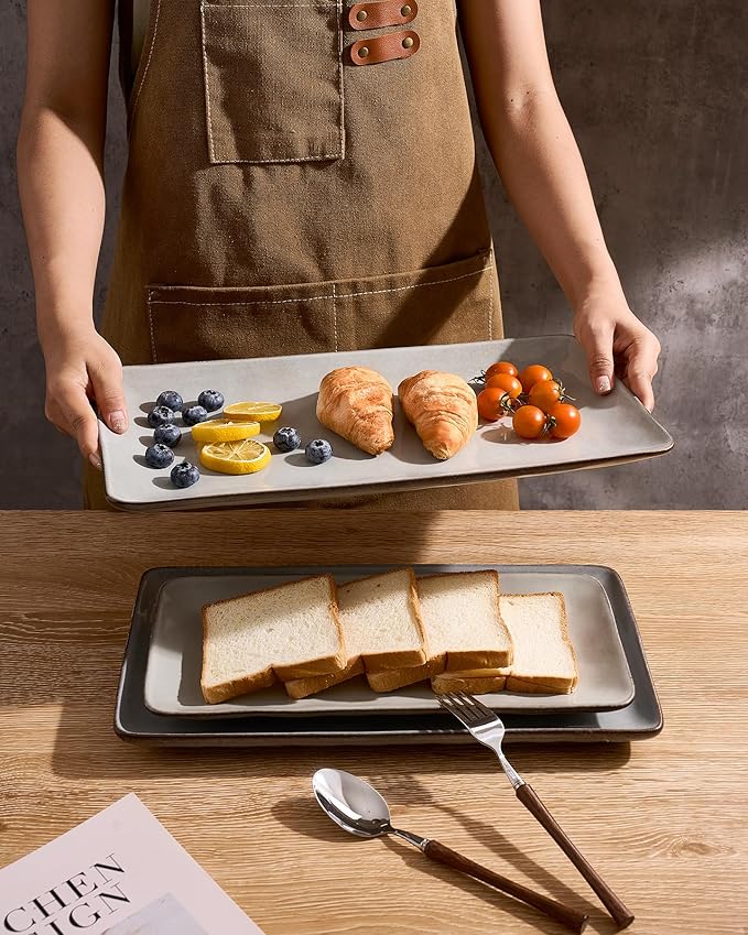 famiware Serving Platter, Rectangular 15.67/14.1/12.6inch Serving Dishes for Entertaining, Reactive Glaze, Stoneware for Party, Food, Turkey, Snack, Cheese, Ocean Series, Grey