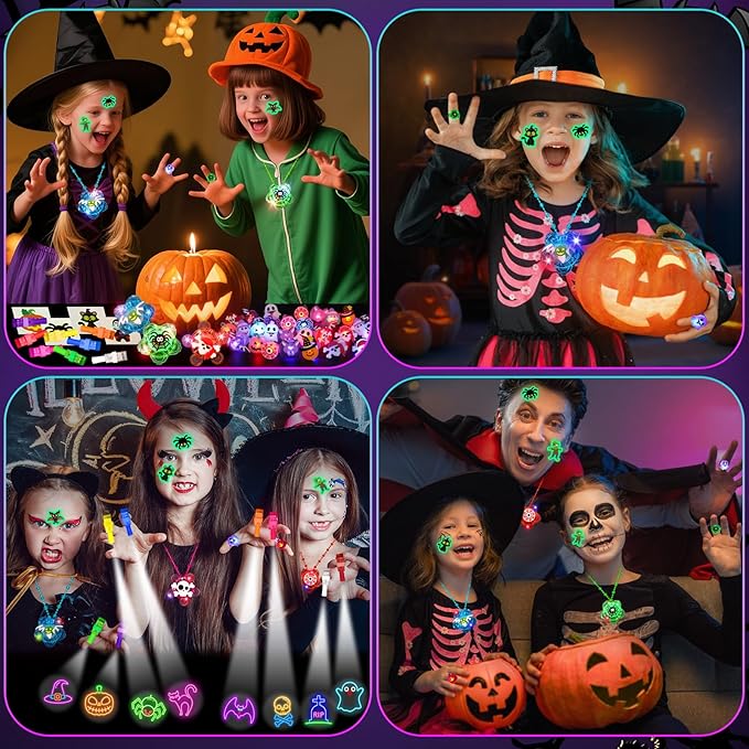Halloween Party Favors for Kids, 100 Pack Glow in the Dark Toys Rotating Light Up Necklaces LED Flash Rings Halloween Toys Bulk for Halloween Party Classroom Prizes Goodie Bags Trick or Treats Gifts