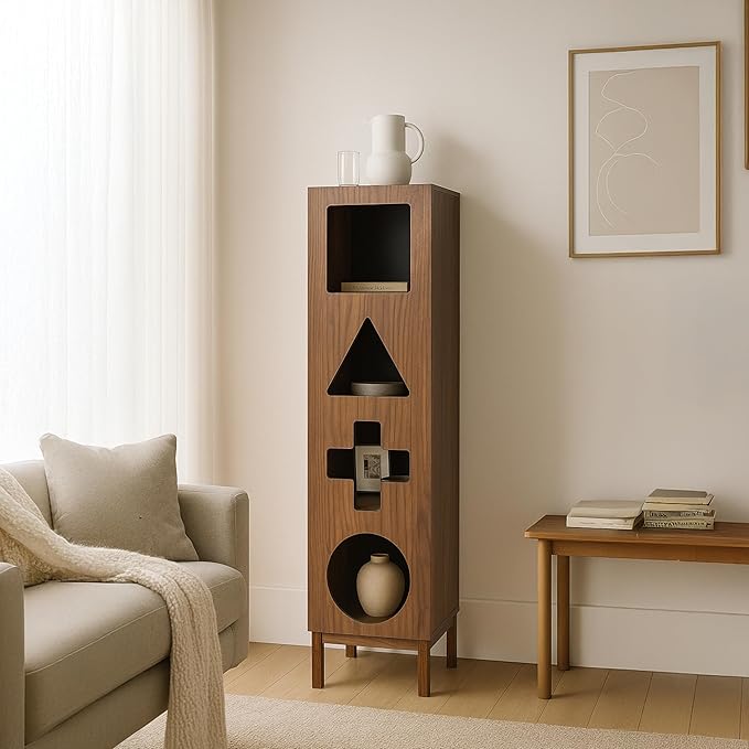 WERMO 18’’ Showcase Display Cabinet with Geometric Cut-Out Doors - Modern Curio Cabinet for Dining Room, Living Room, Entryway. Trophy Case, Collectible Display Case Wood with Door & Storage Consoles (Walnut)