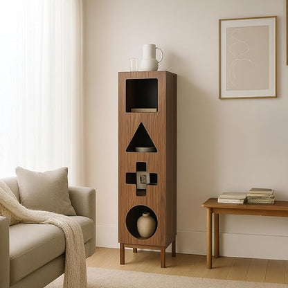 WERMO 18’’ Showcase Display Cabinet with Geometric Cut-Out Doors - Modern Curio Cabinet for Dining Room, Living Room, Entryway. Trophy Case, Collectible Display Case Wood with Door & Storage Consoles (Walnut)