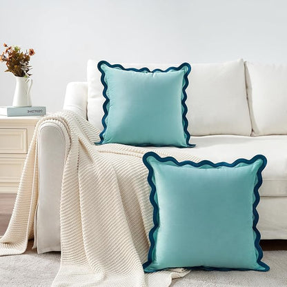 MONDAY MOOSE Decorative Throw Pillow Covers Cushion Cases, Set of 2 Soft Velvet Scalloped Wavy Edge Designs, Mix and Match for Home Decor, Pillow Inserts Not Included (Blue/Light Blue, 16x16 inch)