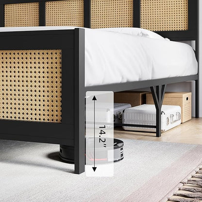 GarveeHome Full Size Rattan Bed Frame with Headboard, Black Boho Cane Platform Bed Frame with Strong Metal Slat, Noise Free, No Box Spring Needed