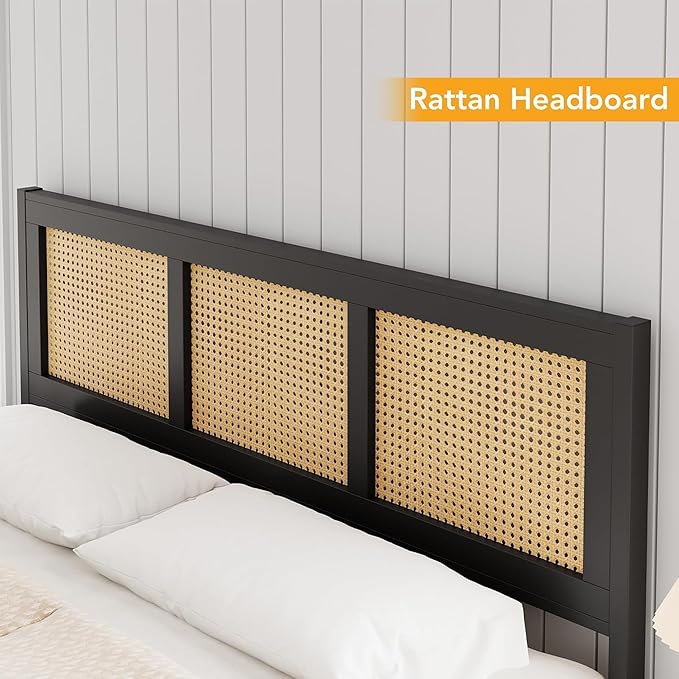 GarveeHome King Size Rattan Bed Frame with Headboard, Black Boho Cane Platform Bed Frame with Strong Metal Slat, Noise Free, No Box Spring Needed