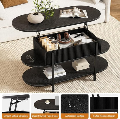 FABATO 41.7" Oval Lift Top Coffee Table, Fluted Wood Center Table with Hidden Storage, 3 Tier Small Tables with Curved Edge, Modern Narrow Coffee Table for Living Room Reception Room, Black