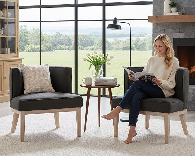 Comfy Barrel Chair Mid Century Modern Accent Chair with Solid Wood Leg Upholstered Reading Chairs Linen Fabric Waiting Room Round Side Chairs for Living Room Bedroom Office, Charcoal