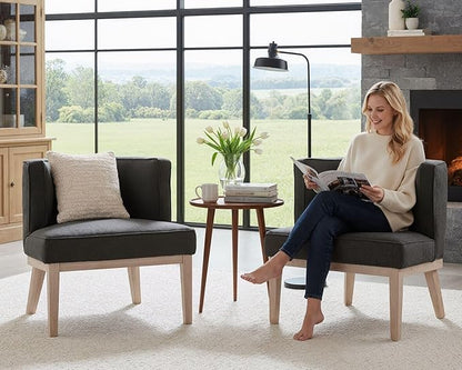 Comfy Barrel Chair Mid Century Modern Accent Chair with Solid Wood Leg Upholstered Reading Chairs Linen Fabric Waiting Room Round Side Chairs for Living Room Bedroom Office, Charcoal