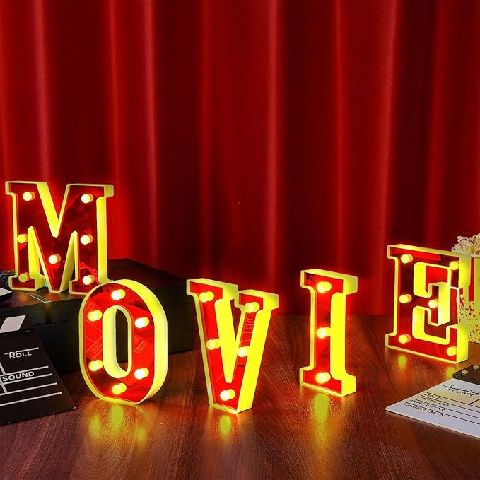 Movie Night Light up Letters Sign Party Decor Battery Powered Marquee Lighted Sign Alphabet LED Letter Lights for Xmas Movie Night Theme Party Birthday Home Tabletop Decor Supplies Xmas Gift