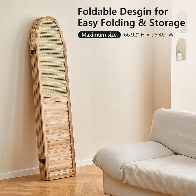 6 Panels Room Divider, Rustic Rattan Room Divider, Wood Folding Privacy Screen, Foldable Wood Divider Wall, Separate Portable Partition Screen, Wall Divider for Room Separation (Natural)
