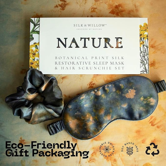 Silk & Willow 100% Pure Mulberry Silk Sleep Eye Mask & Hair Scrunchie Gift Set (Midnight)