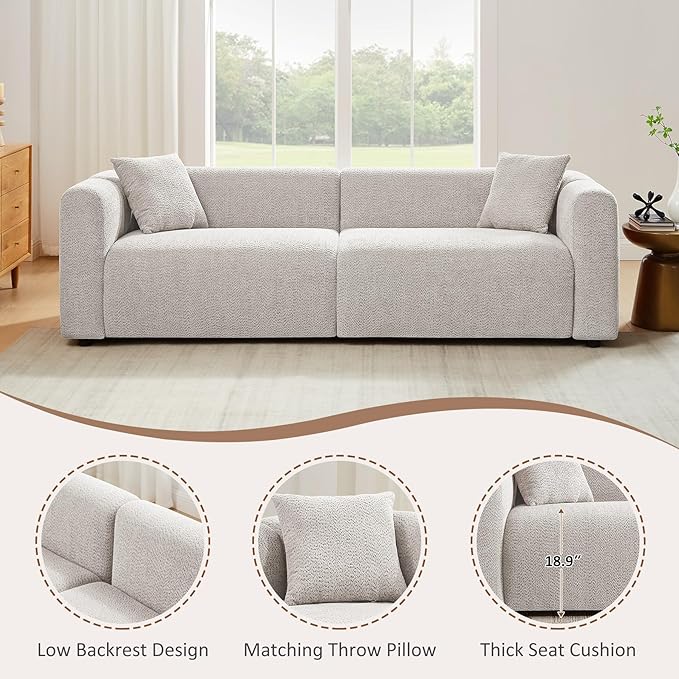 VANOMi 95" Cloud Couch, Comfy Deep Seat Boucle Cloud Sofa, Upholstered 3-Seater Oversized Loveseat Sofa with 2 Pillows, Modern Sofa for Living Room, Bedroom, Office, Apartment (Light Khaki)