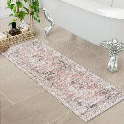 Uphome Bathroom Rugs Runner, Distressed Farmhouse Boho Blush Pink Bath Mat, Non Slip Washable Long Bath Rugs, Vintage Traditonal Soft Velvet Bathroom Runner for Bathtub Sink Shower, 18x47 inch
