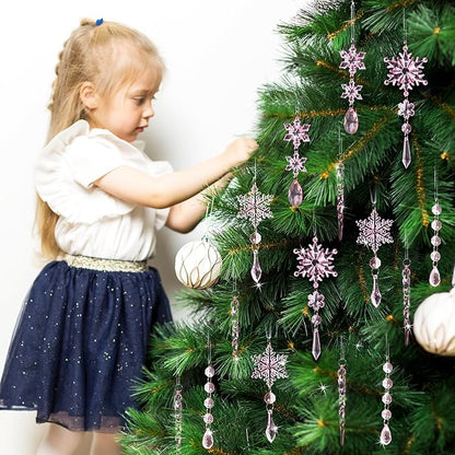 32pcs Crystal Christmas Ornaments for Christmas Tree Decorations-Pink Hanging Acrylic Snowflake and Icicle Ornaments with Drop Pendants for Xmas Winter Wonderland New Year Party Decorations Supplies