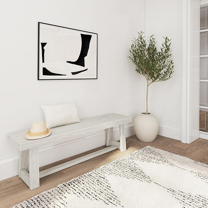 Plank+Beam 60 Inch Farmhouse Dining Bench, Solid Wood Entryway Bench, Wooden Outdoor Bench, Kitchen Dining Seat, Dining Room, Home Office, Living Room Furniture, Easy Assembly, White Sand Wirebrush