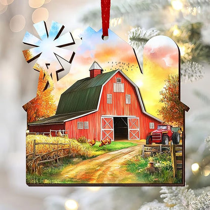 OASSIE Christmas Farmer Gifts for Women Men - Wooden Rustic Farmhouse Ornaments for Tree Decorations - Red Barn Rustic Gifts for Farmers, Farmhouse Christmas Decor, Xmas Gift for Farmer