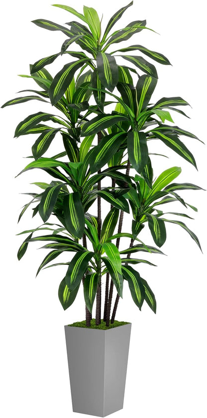 Artificial Dracaena Tree 6FT - Faux Tree with Gray Tall Planter - Fake Tropical Yucca Floor Plant in Pot - Artificial Silk Tree for Home Office Living Room Decor Indoor