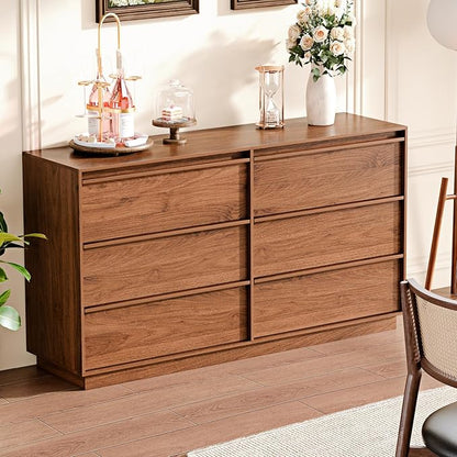 55.12" Modern Chest of Drawer, 6 Deep Drawers,Clothes Organizer,Large Storage Cabinet for Living Room, Bedroom,Dresser TV Stand, Wood Drawer Organizer for Living Room, Hallway, Brown