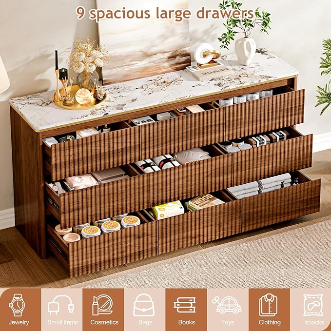 Fluted Dresser for Bedroom with 9 Drawers,62.99" Modern Chest of Drawers with Faux Marble Top, Curved Profile Design,Dresser TV Stand, Wood Drawer Organizer for Living Room, Hallway, Brown