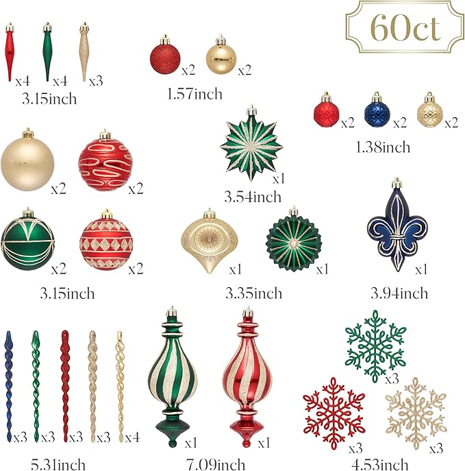 Valery Madelyn Ornaments for Christmas Trees, 60ct Red Green Blue and Gold Shatterproof Christmas Tree Decorations, Luxury Hanging Ball Ornaments Bulk for Xmas Holiday Party Decor