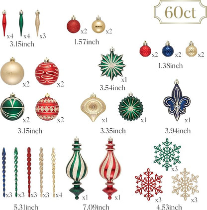 Valery Madelyn Ornaments for Christmas Trees, 60ct Red Green Blue and Gold Shatterproof Christmas Tree Decorations, Luxury Hanging Ball Ornaments Bulk for Xmas Holiday Party Decor