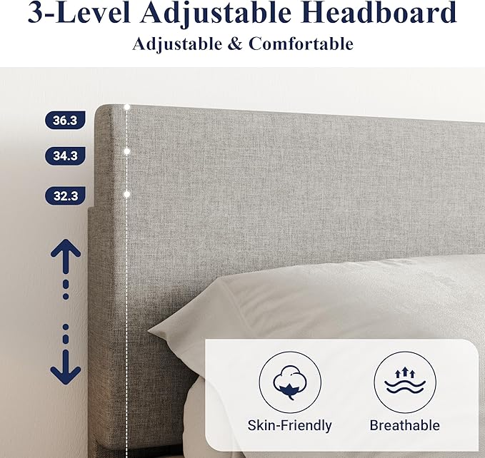 Allewie Queen Bed Frame with Upholstered Adjustable Headboard, Platform Bed with Wood Slats, Heavy Duty Mattress Foundation, No Box Spring Needed, Easy Assembly, Light Grey