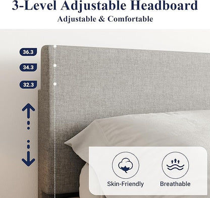Allewie Queen Bed Frame with Upholstered Adjustable Headboard, Platform Bed with Wood Slats, Heavy Duty Mattress Foundation, No Box Spring Needed, Easy Assembly, Light Grey