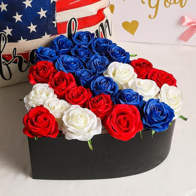 Nubry 50pcs Artificial Silk Roses Bulk,Fake Roses Flower with Stems Realistic Flowers for Wedding Centerpiece Home Party Decor(Red,White,Blue)