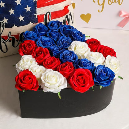 Nubry 50pcs Artificial Silk Roses Bulk,Fake Roses Flower with Stems Realistic Flowers for Wedding Centerpiece Home Party Decor(Red,White,Blue)