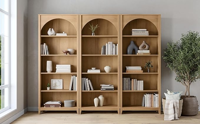 Prepac Ark 78" Tall 5-Tier Arched Bookcase in Natural Oak Veneer, Modern Storage Accent Bookshelf with 3 Adjustable Shelves for Home, Office, Living Room, Bedroom 78”H x 32”W x 13”D