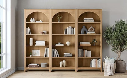 Prepac Ark 78" Tall 5-Tier Arched Bookcase in Natural Oak Veneer, Modern Storage Accent Bookshelf with 3 Adjustable Shelves for Home, Office, Living Room, Bedroom 78”H x 32”W x 13”D