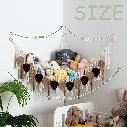 Pretty Jolly Stuffed Animal Storage with Hand Woven Leaf Tassels Hammock Corner Hanging Net Boho Macrame Plush Storage for Kid Room Nursery Decor Wall Display for Girls Gift(Brown)