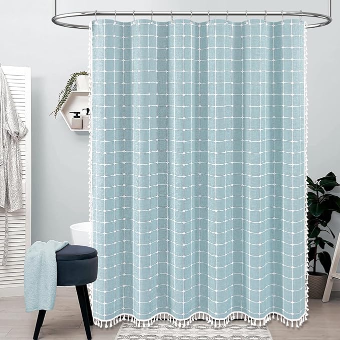 BTTN 78 Inch Long Shower Curtain - Boho Farmhouse Linen Ultra Thick Fabric Shower Curtain Set with Plastic Hooks, Tall Rv Rustic Country Weighted Cloth Shower Curtains for Bathroom - Fog Blue - 72x78