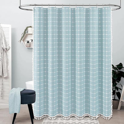 BTTN 78 Inch Long Shower Curtain - Boho Farmhouse Linen Ultra Thick Fabric Shower Curtain Set with Plastic Hooks, Tall Rv Rustic Country Weighted Cloth Shower Curtains for Bathroom - Fog Blue - 72x78