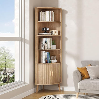 5-Tier Corner Shelf, 66.73''Tall Modern Corner Bookshelf, 5 Shelf Bookcase with 2 Fluted Doors, Freestanding Wood Corner Display Storage Shelf Organizer for Living Room, Office (Wood Color)