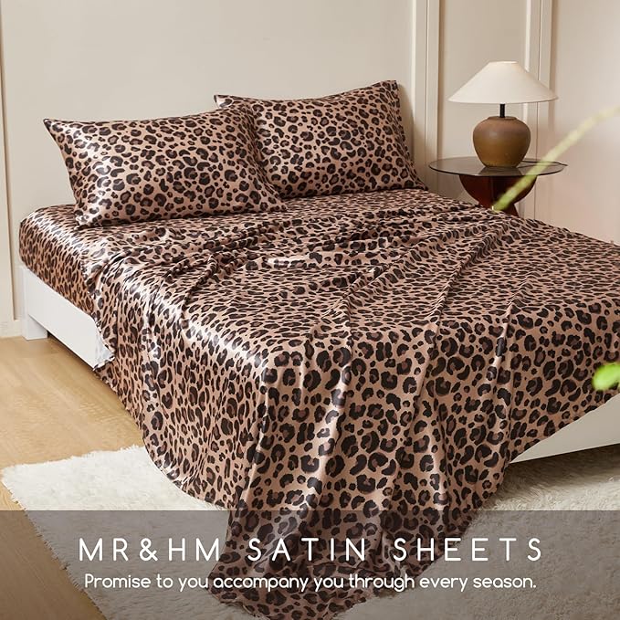 MR&HM Satin Bed Sheets with Elastic Corner Straps, Queen Size Sheets Set, 4 Pcs Silky Bedding Set with 15 Inches Deep Pocket for Mattress (Queen, Brown Leopard)