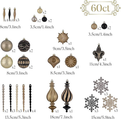 Valery Madelyn Ornaments for Christmas Trees, 60ct Black and Gold Shatterproof Christmas Tree Decorations, Luxury Hanging Ball Ornaments Bulk for Xmas Holiday Decor