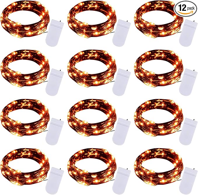 Halloween Orange Fairy String Lights: 12 Pack 7 Ft 20 LED Battery Operated Firefly Lights on Black Wire Starry Moon Lights for DIY Party Bedroom Patio