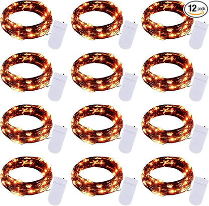 Halloween Orange Fairy String Lights: 12 Pack 7 Ft 20 LED Battery Operated Firefly Lights on Black Wire Starry Moon Lights for DIY Party Bedroom Patio