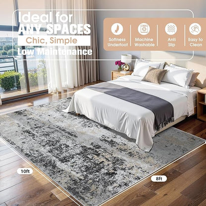 8x10 Area Rugs for Living Room Rug Washable: Abstract Large Rug for Dining Room Bedroom Carpet Non Slip 8 by 10 Indoor Modern Nursery Home Office Black Grey Gold