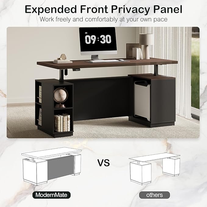 71" Standing Executive Desk with Privacy Panel, Large One-Piece Electric Height Adjustable Stand Up Desk with Charging Station, File Cabinet Storage, Home and Office, Black Walnut