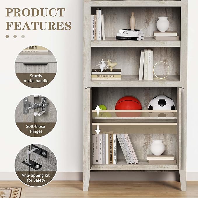 blini Tall Arched Bookcase with Doors, Wooden Arch Bookshelf 5-Tier Rounded Bookshelf Multi-Depth Display Storage Cabinet for Living Room