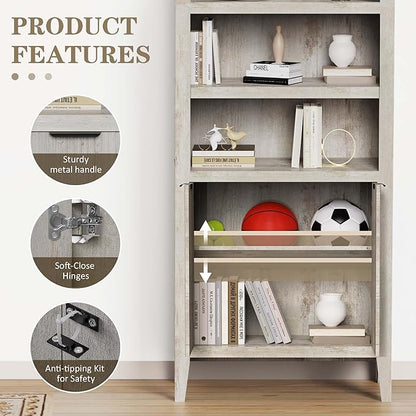 blini Tall Arched Bookcase with Doors, Wooden Arch Bookshelf 5-Tier Rounded Bookshelf Multi-Depth Display Storage Cabinet for Living Room