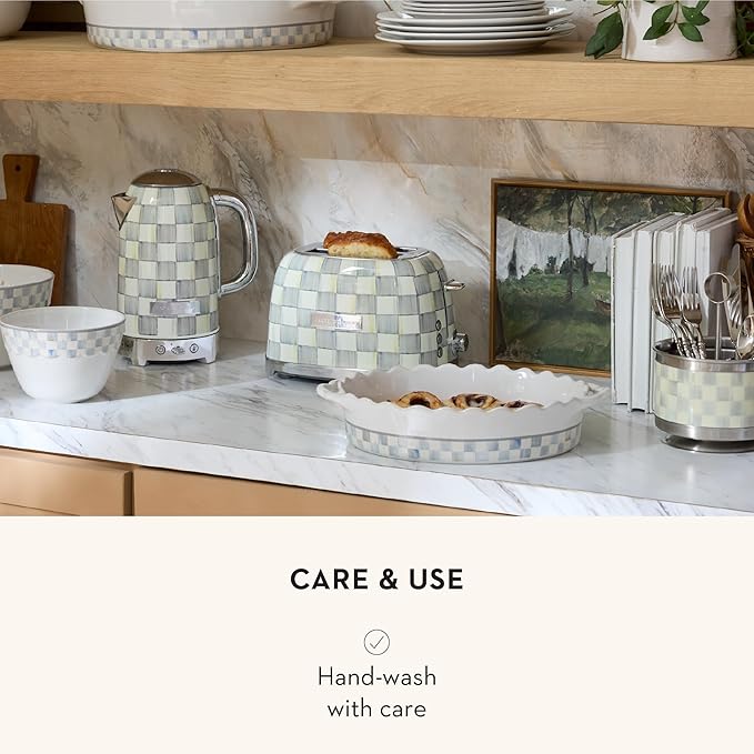 MACKENZIE-CHILDS Everyday Oval Casserole Baker, Cute Oven Baker, Medium, Gray-and-White Sterling Check