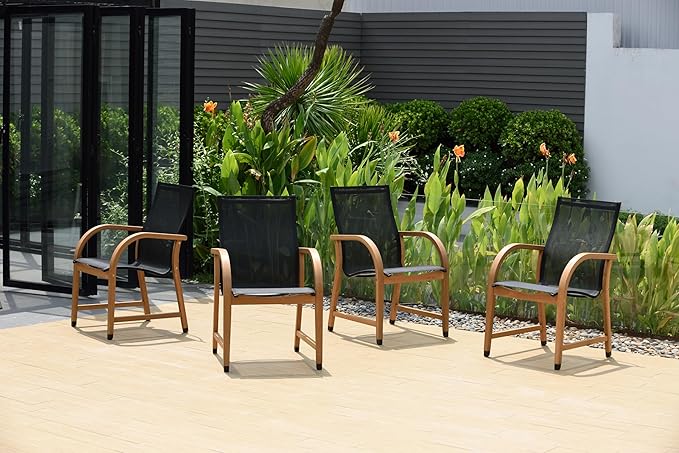 Amazonia Bahamas | Black and Quick dry Sling Chairs | Teak Finish | Durable and Ideal for Indoors and Outdoor Chairs  (Set of 4), Round 5-Piece