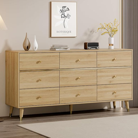 9 Drawer Dresser 63" Wide Mid Century Modern Chest of Drawers, Wood